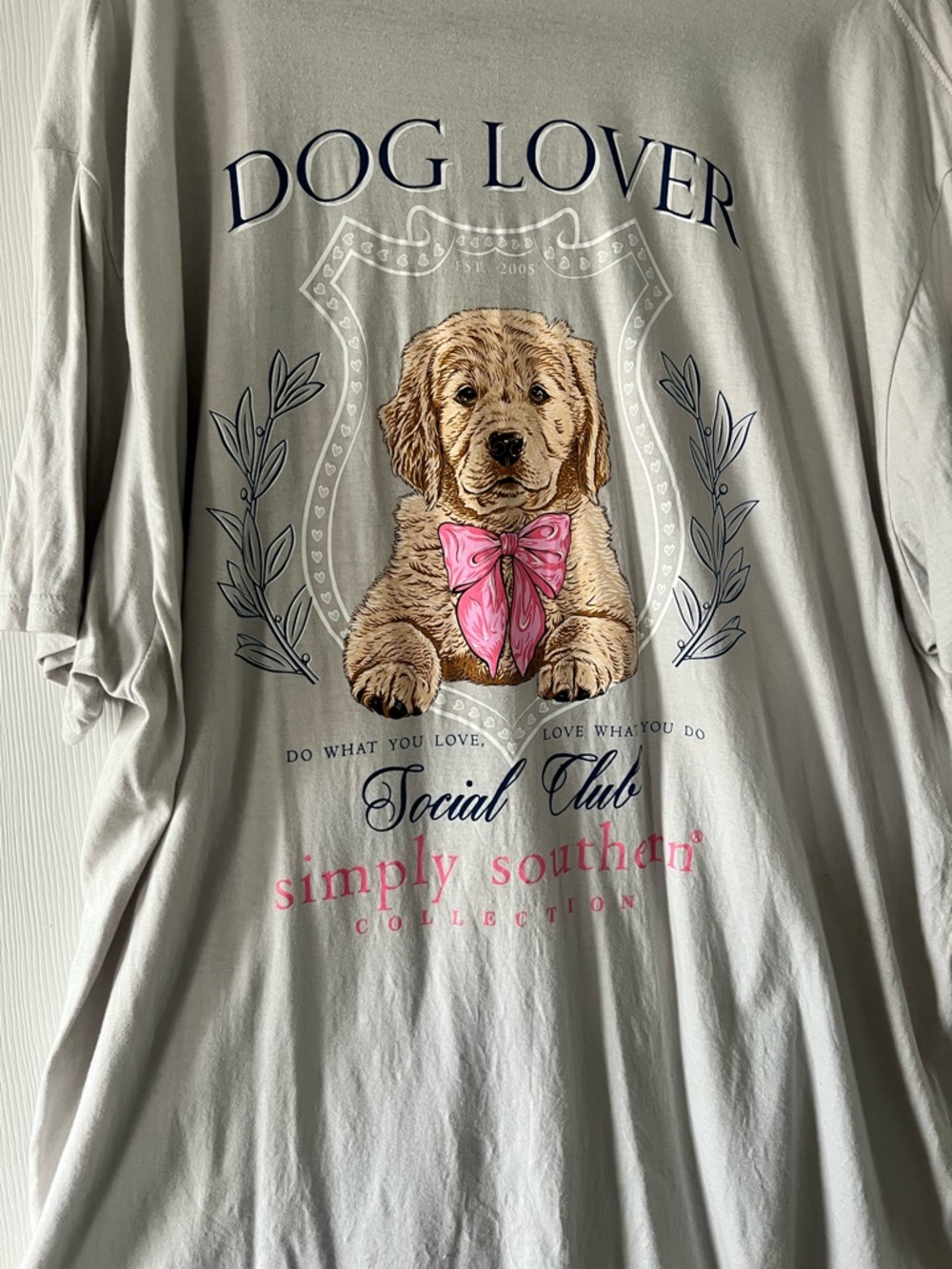 Simply Southern Cream Dog Lover Tee with Pink Bow Graphic